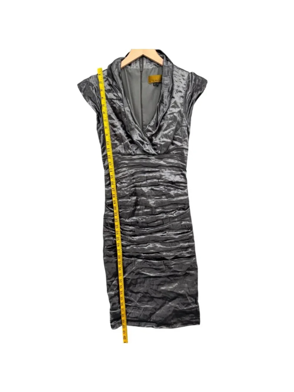 Nicole Miller Techno Metallic Dress Gunmetal Silver Ruched Cocktail Sheath Sz 8